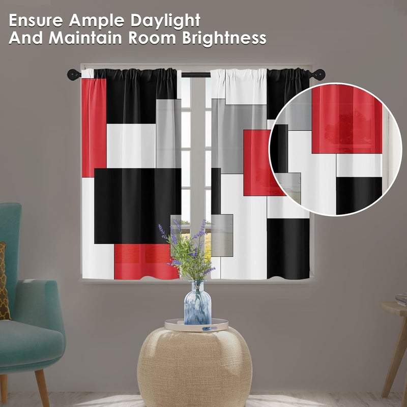 Tayney Red Kitchen Curtains 36 Inch Length Black Grey White Window Short Tier Curtains Over Sink Set of 2, Modern Abstract Geometric Art Small Kitchen Decor 26x36 Inch - Image 2